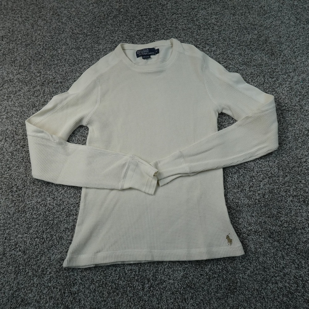 VTG Polo Ralph Lauren Shirt Mens S White Beige Waffle Knit Thermal Crewneck Pony